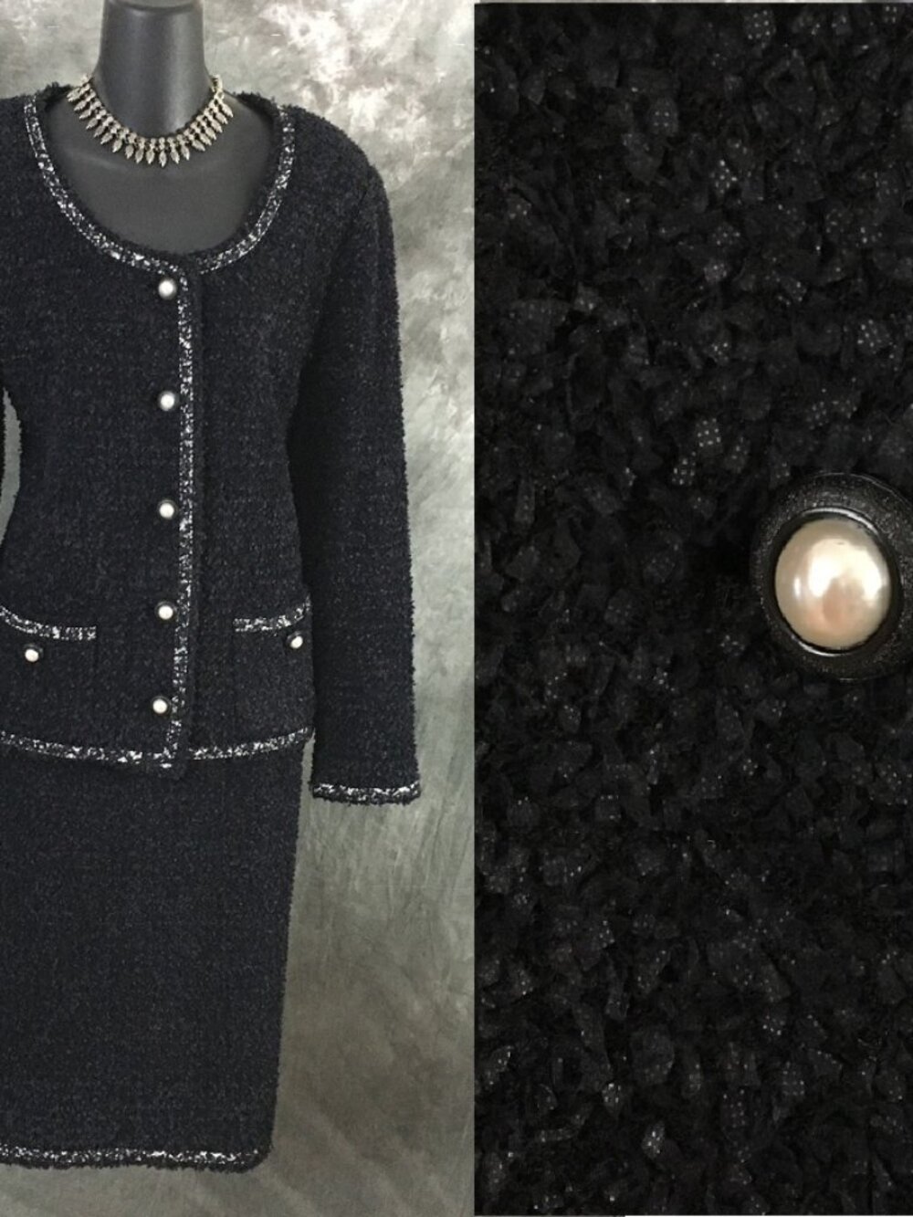 BEAUTIFUL st john couture knit black white pearl jacket skirt suit size 12